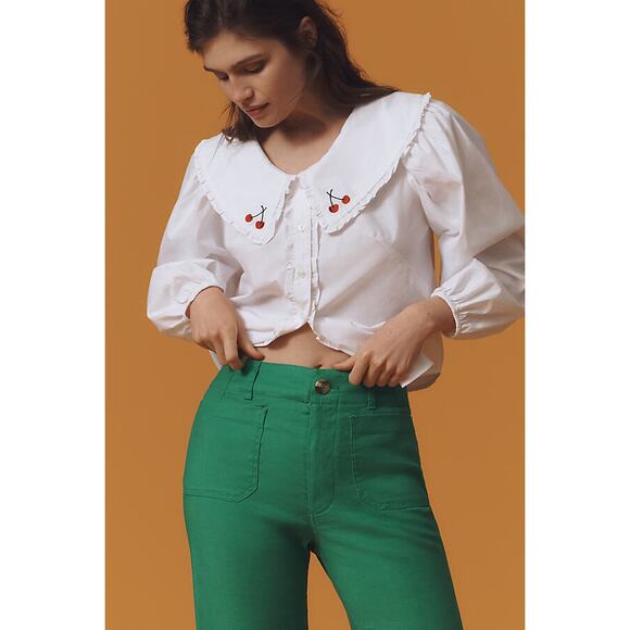 MAEVE The Colette Linen Blend Crop Wide-Leg Trouser Pants Women Size 28 Green - Picture 2 of 8